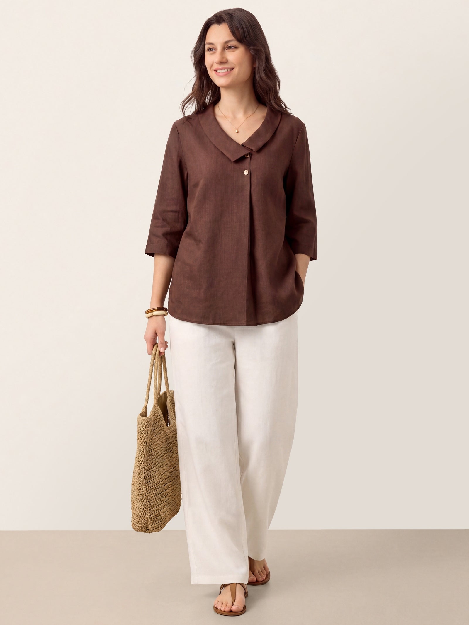 100% Linen Asymmetric Collar Inverted Pleat Top OTTILIE by LINTICO
