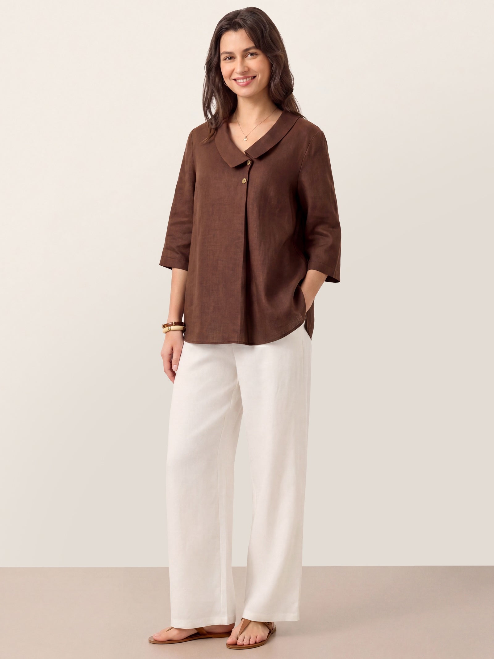 100% Linen Asymmetric Collar Inverted Pleat Top OTTILIE by LINTICO