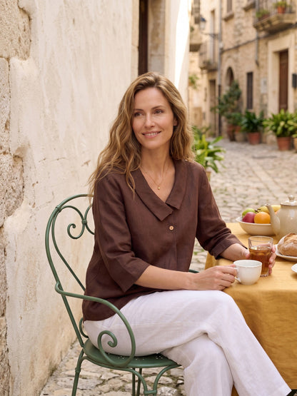 100% Linen Asymmetric Collar Inverted Pleat Top OTTILIE by LINTICO