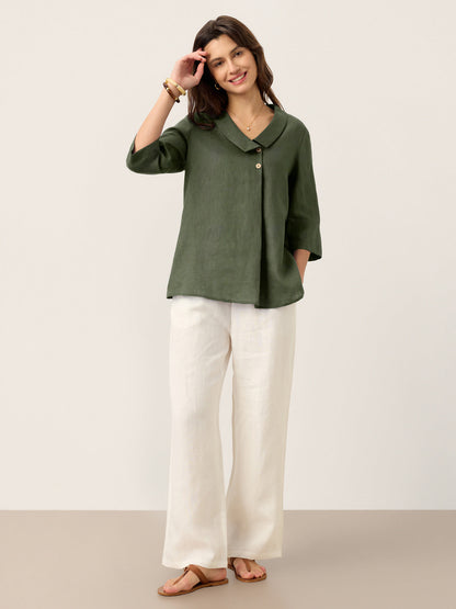 100% Linen Asymmetric Collar Inverted Pleat Top OTTILIE by LINTICO