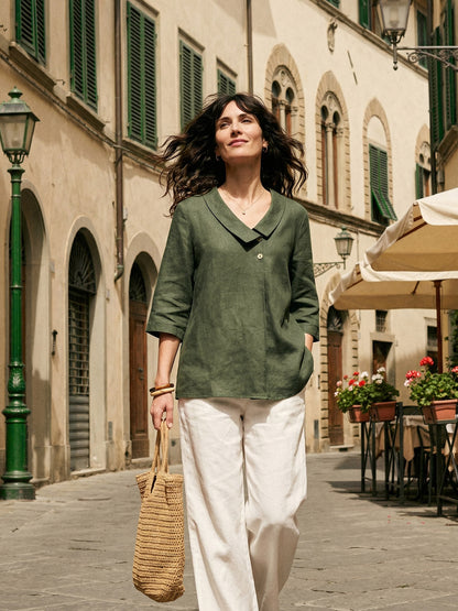 100% Linen Asymmetric Collar Inverted Pleat Top OTTILIE by LINTICO
