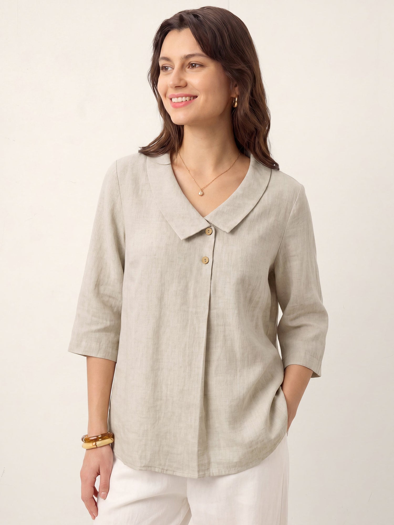 100% Linen Asymmetric Collar Inverted Pleat Top OTTILIE by LINTICO