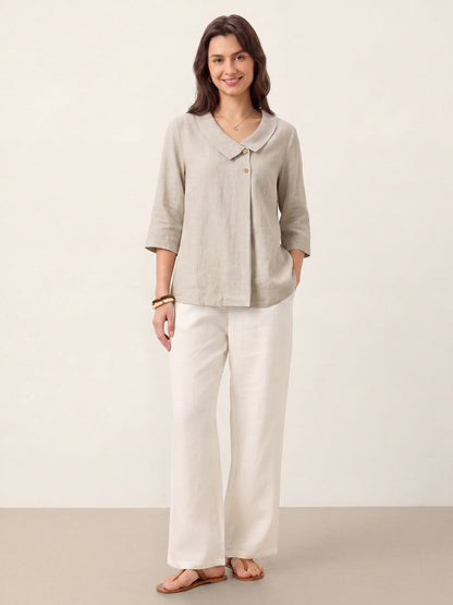 100% Linen Asymmetric Collar Inverted Pleat Top OTTILIE by LINTICO