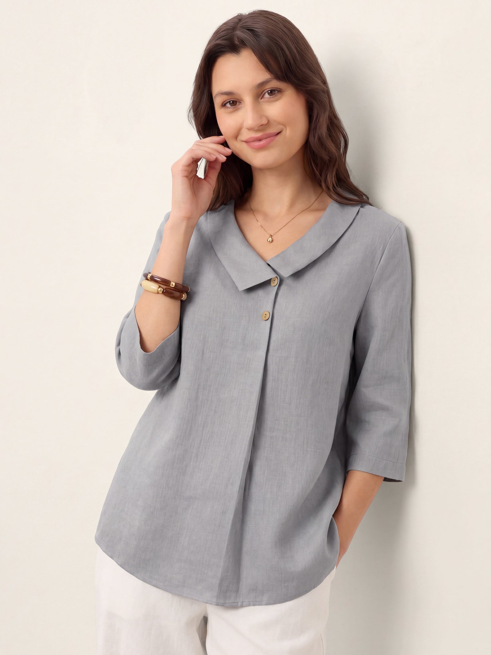 100% Linen Asymmetric Collar Inverted Pleat Top OTTILIE by LINTICO