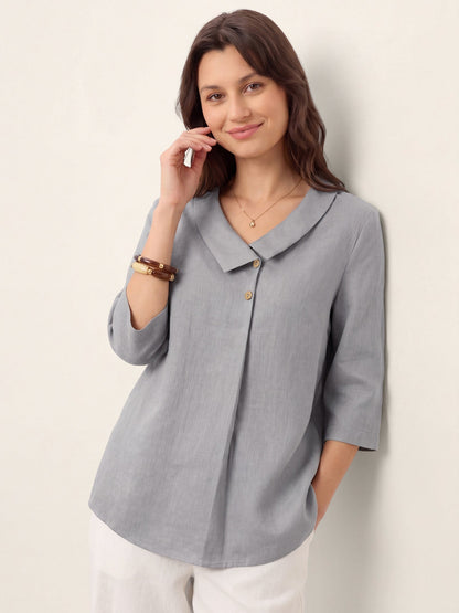 100% Linen Asymmetric Collar Inverted Pleat Top OTTILIE by LINTICO