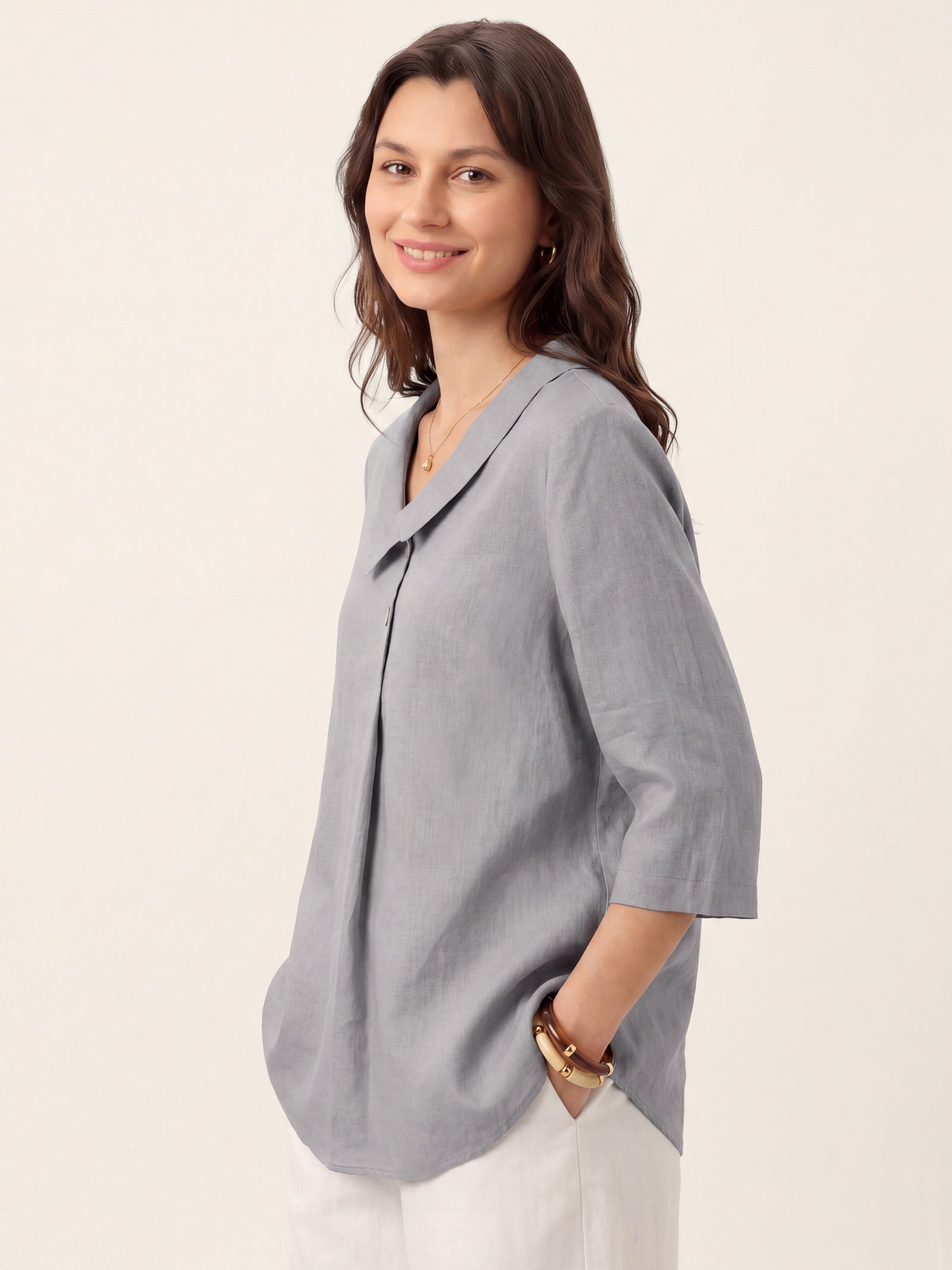 100% Linen Asymmetric Collar Inverted Pleat Top OTTILIE by LINTICO