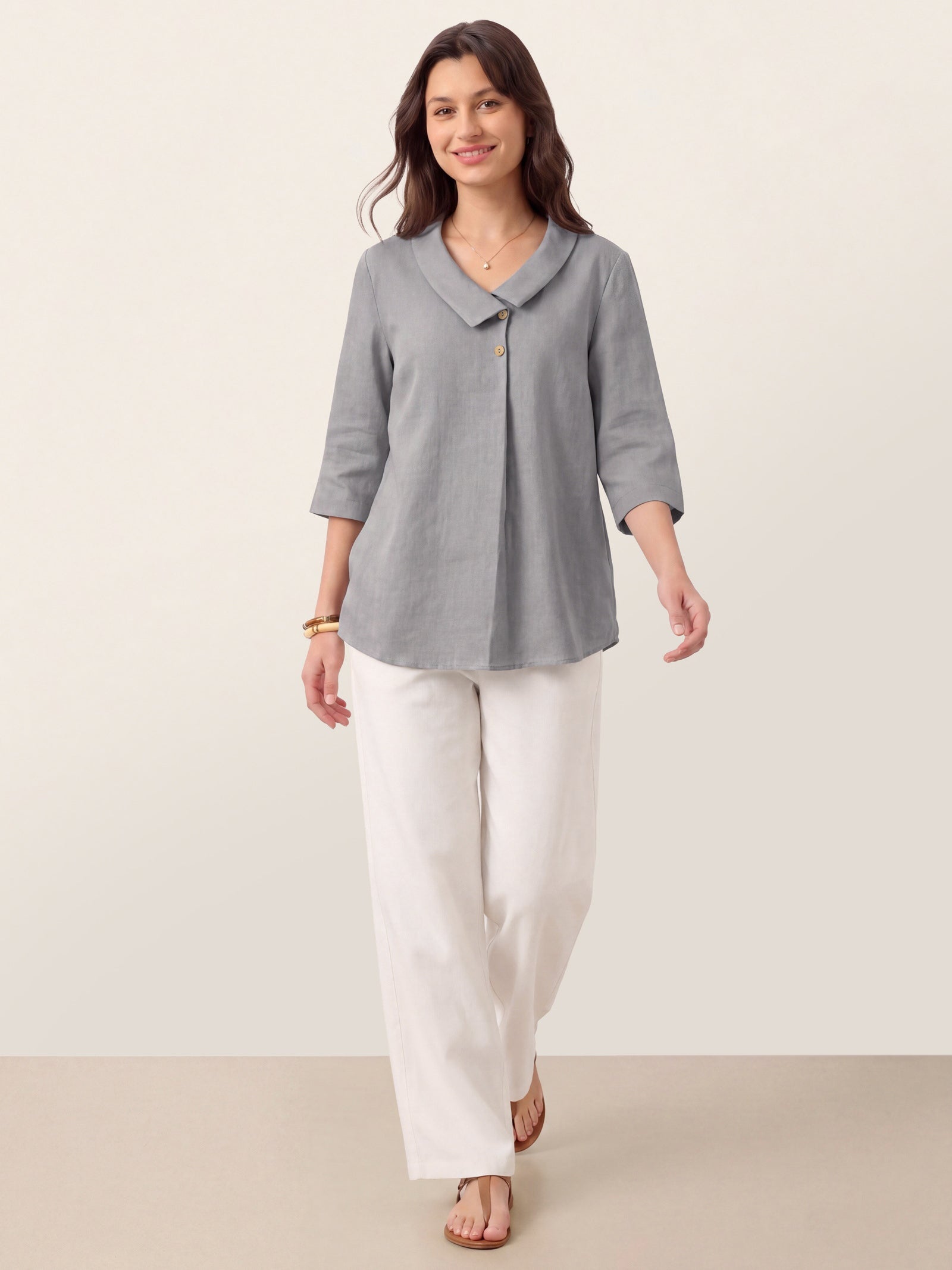100% Linen Asymmetric Collar Inverted Pleat Top OTTILIE by LINTICO