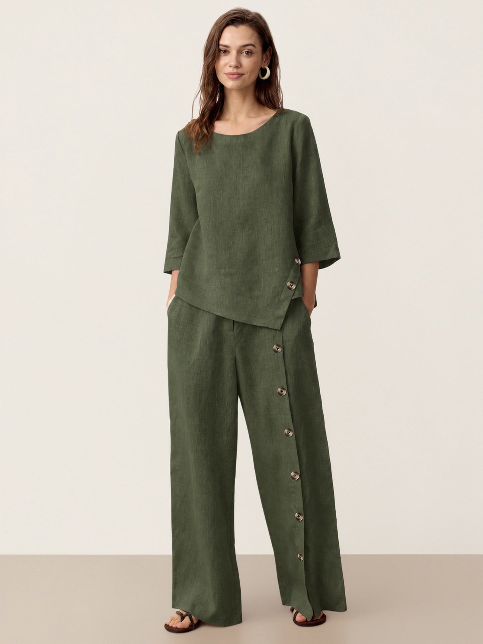 100% Linen Asymmetric-Hem Button-Trim Top NYLA by LINTICO