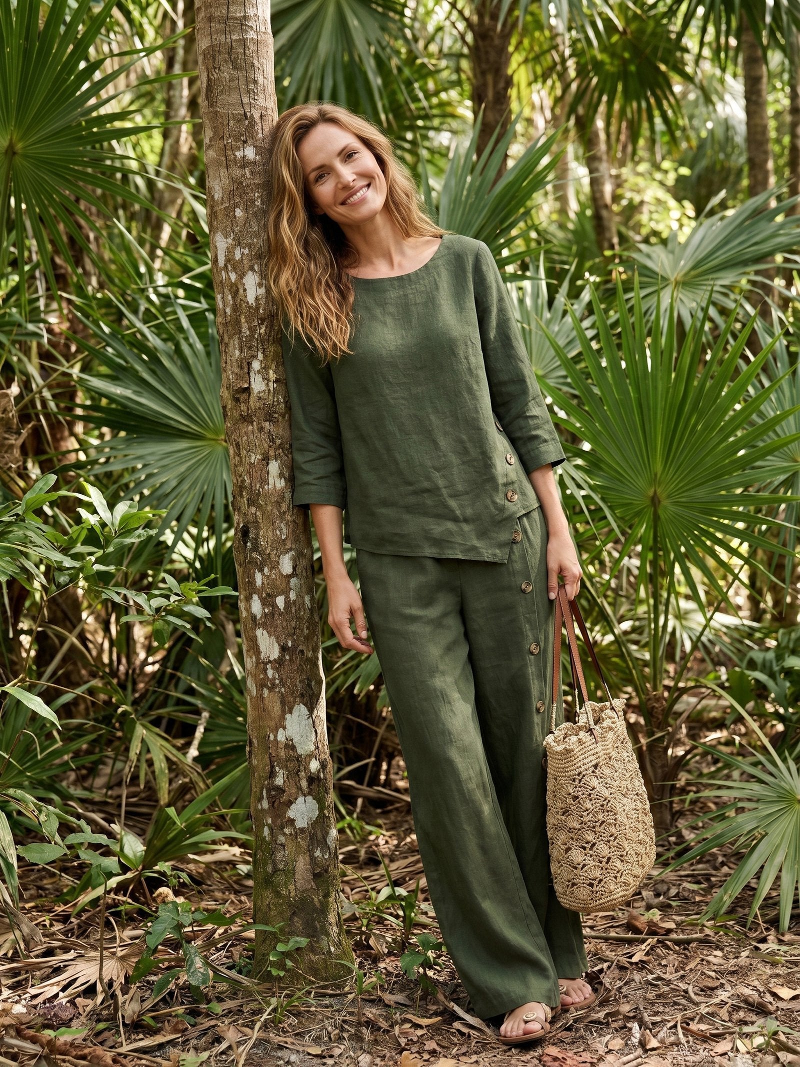 100% Linen Asymmetric-Hem Button-Trim Top NYLA by LINTICO