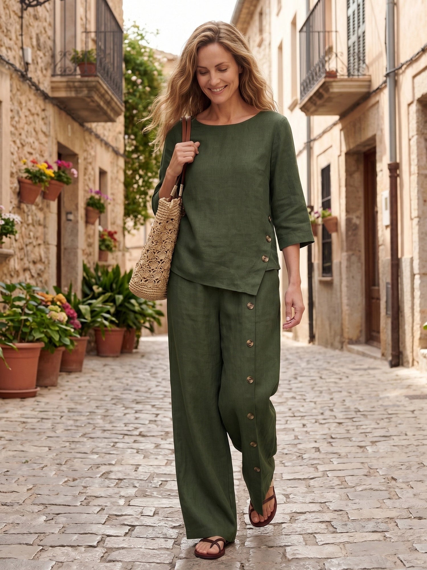 100% Linen Asymmetric-Hem Button-Trim Top NYLA by LINTICO
