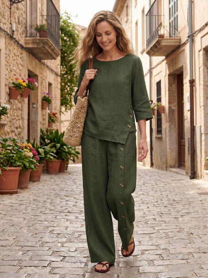 100% Linen Asymmetric-Hem Button-Trim Top NYLA by LINTICO