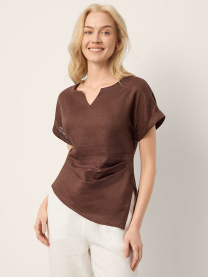 100% Linen Asymmetric Hem Side Gathered Split-Neck Top MINERVA by LINTICO