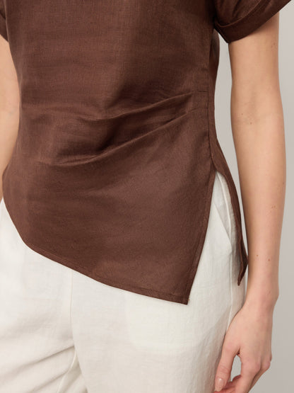 100% Linen Asymmetric Hem Side Gathered Split-Neck Top MINERVA by LINTICO