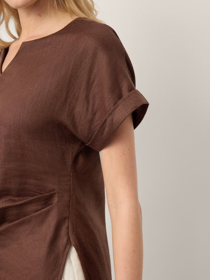 100% Linen Asymmetric Hem Side Gathered Split-Neck Top MINERVA by LINTICO