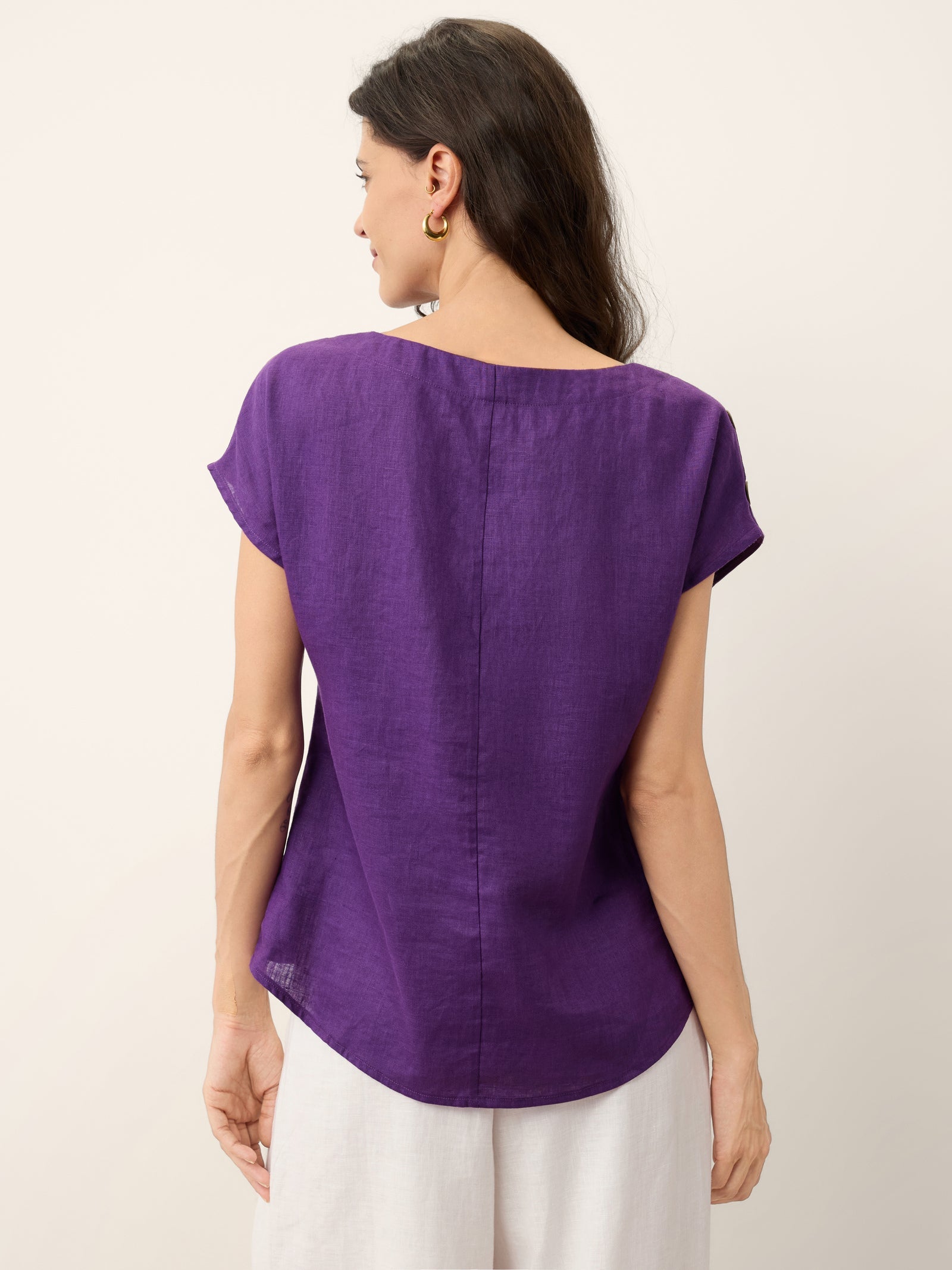 100% Linen Round Neck Button Detail Top ISABELLE by LINTICO