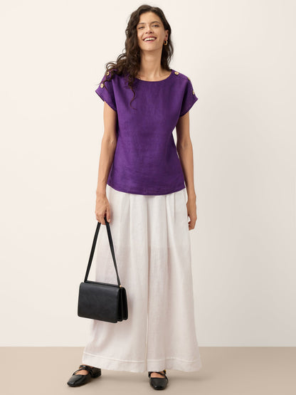 100% Linen Round Neck Button Detail Top ISABELLE by LINTICO