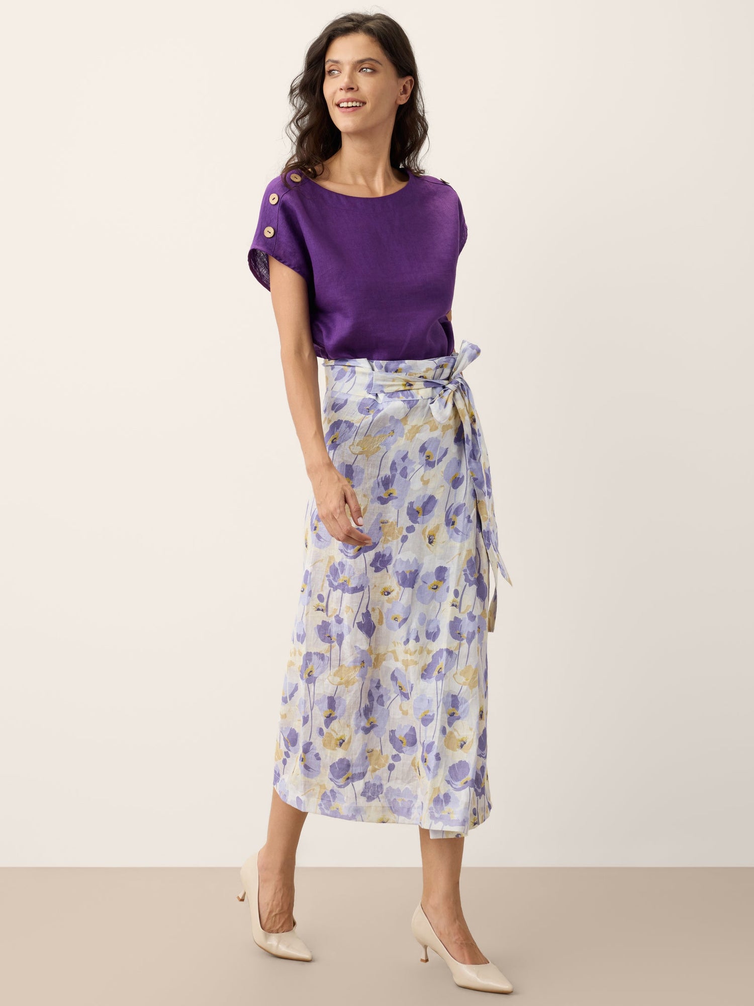 100% Linen Round Neck Button Detail Top ISABELLE by LINTICO