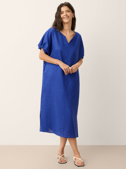 100% Linen Bow-Tie Cuff Split-Hem Midi Dress JESSAMINE by LINTICO