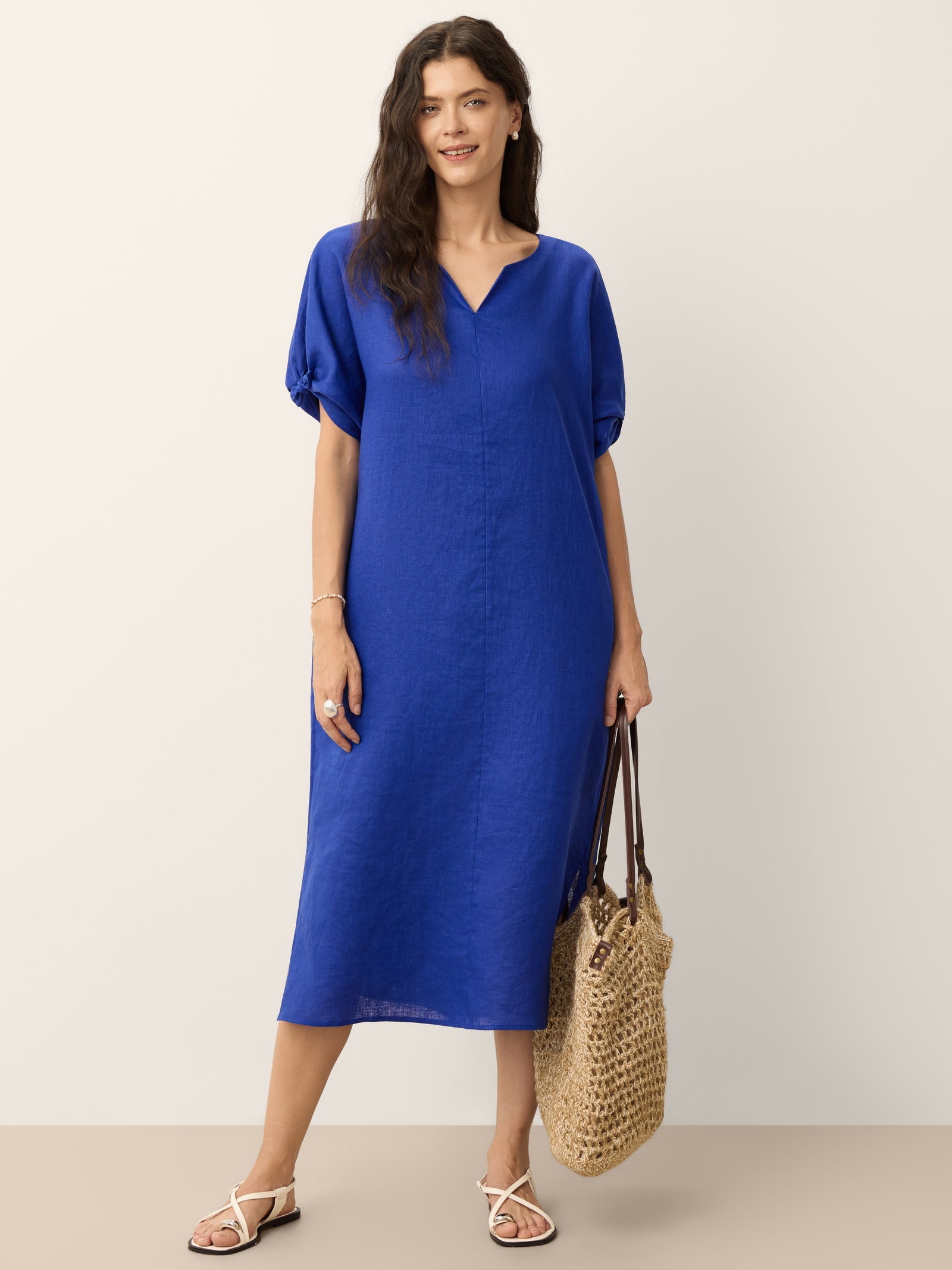 100% Linen Bow-Tie Cuff Split-Hem Midi Dress JESSAMINE by LINTICO