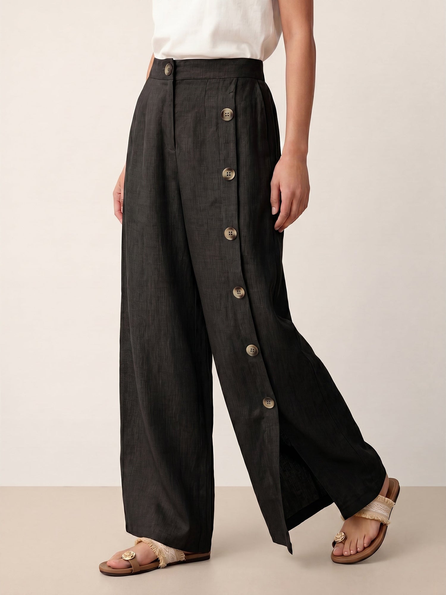 100% Linen Buttoned Slit-Hem Pants KATYA by LINTICO