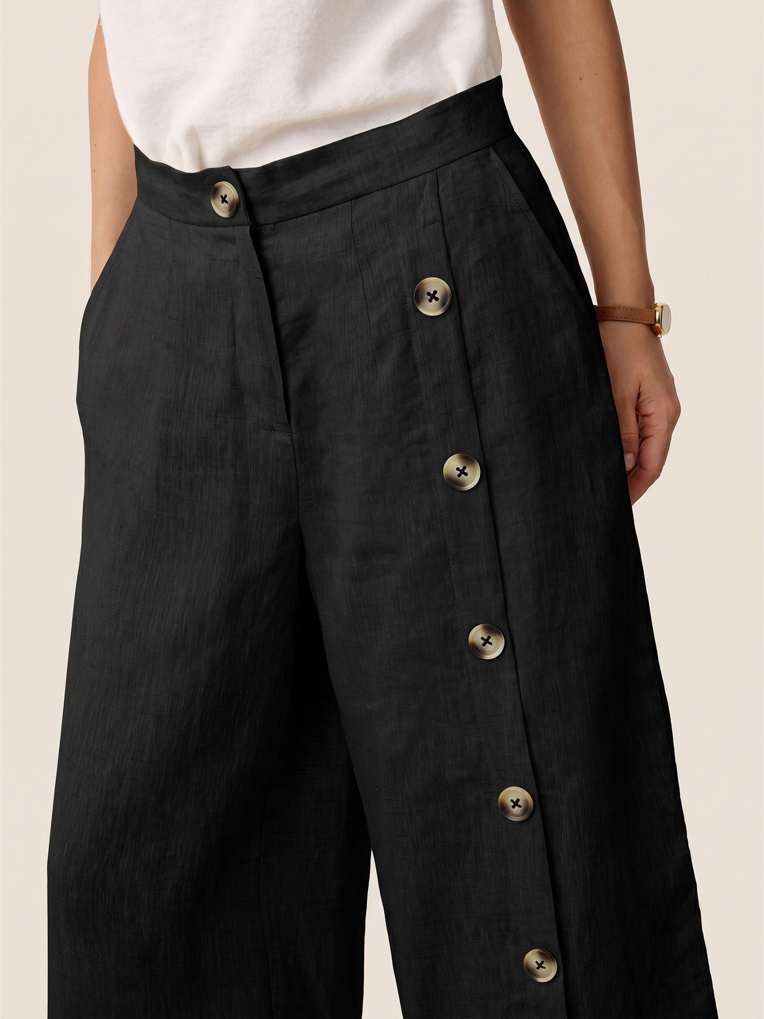 100% Linen Buttoned Slit-Hem Pants KATYA by LINTICO
