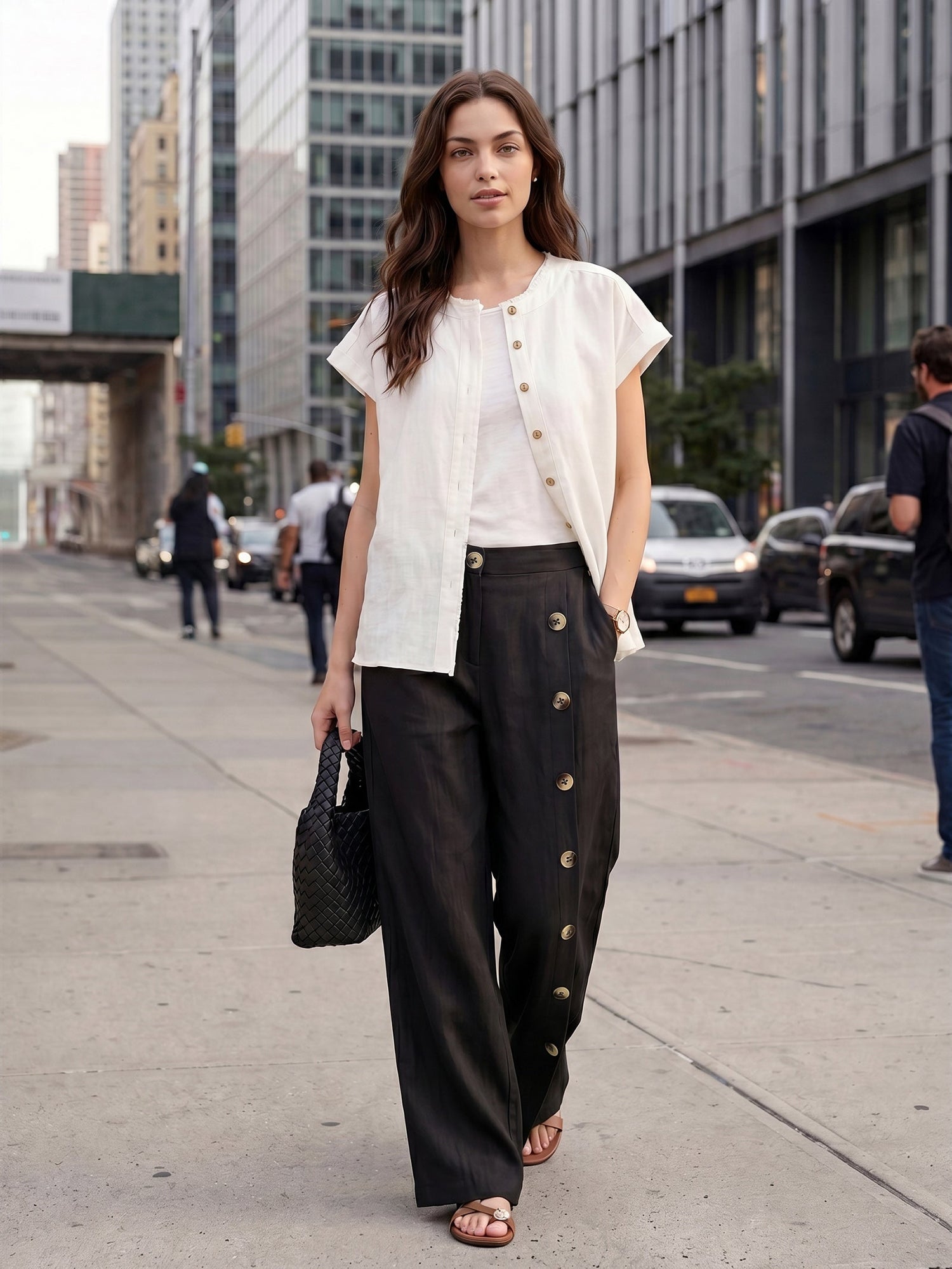 100% Linen Buttoned Slit-Hem Pants KATYA by LINTICO