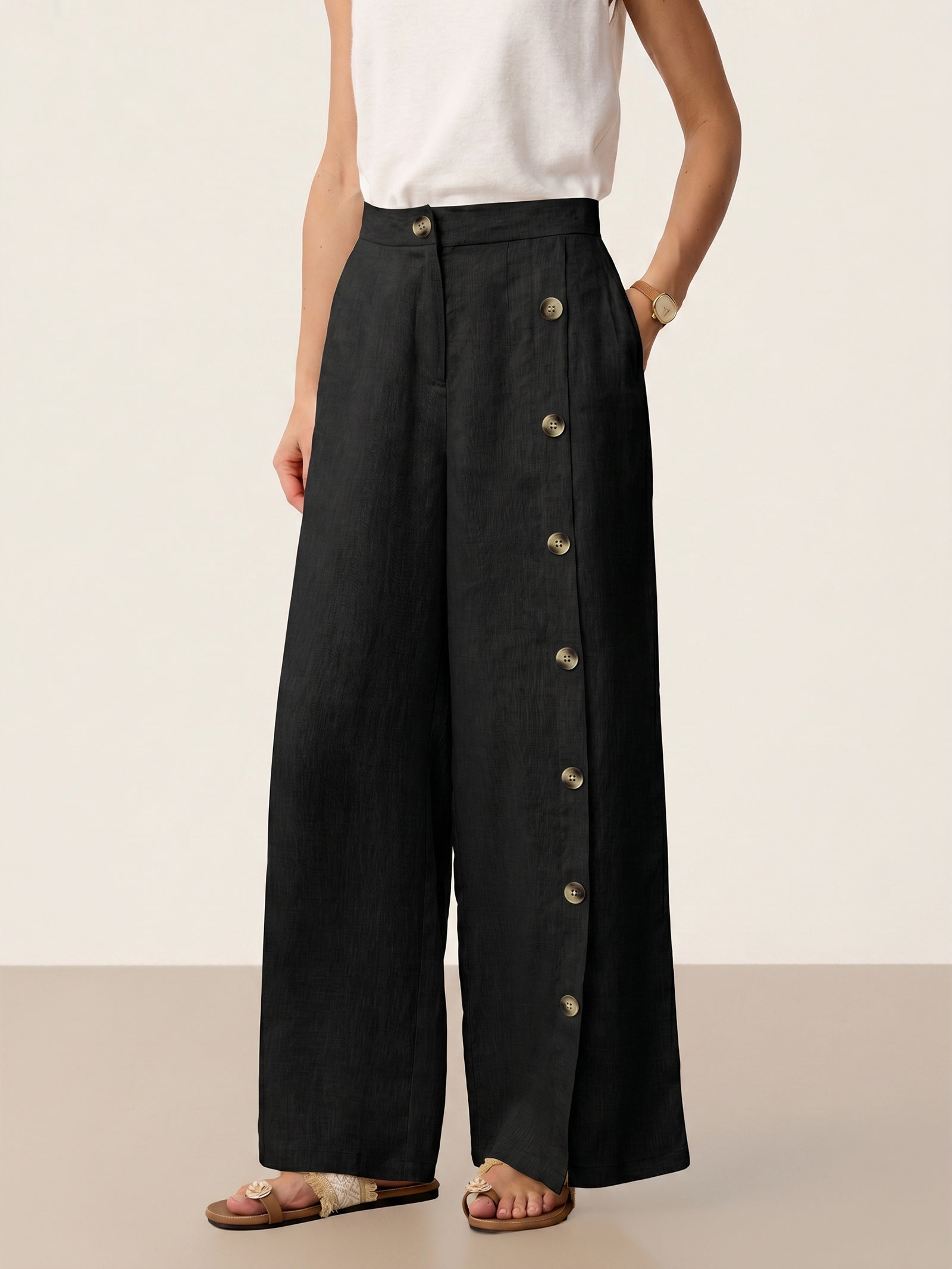 100% Linen Buttoned Slit-Hem Pants KATYA by LINTICO