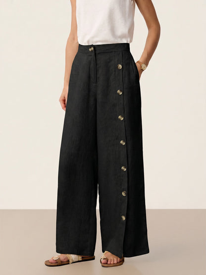 100% Linen Buttoned Slit-Hem Pants KATYA by LINTICO