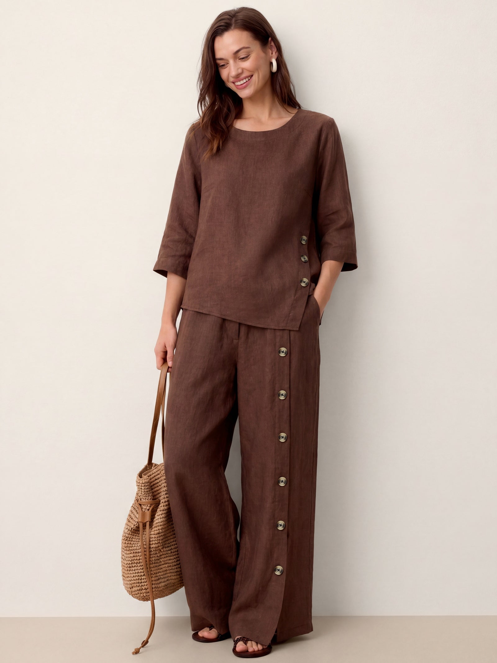 100% Linen Buttoned Slit-Hem Pants KATYA by LINTICO