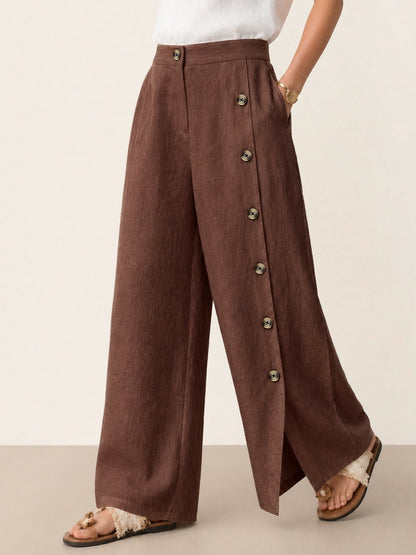 100% Linen Buttoned Slit-Hem Pants KATYA by LINTICO