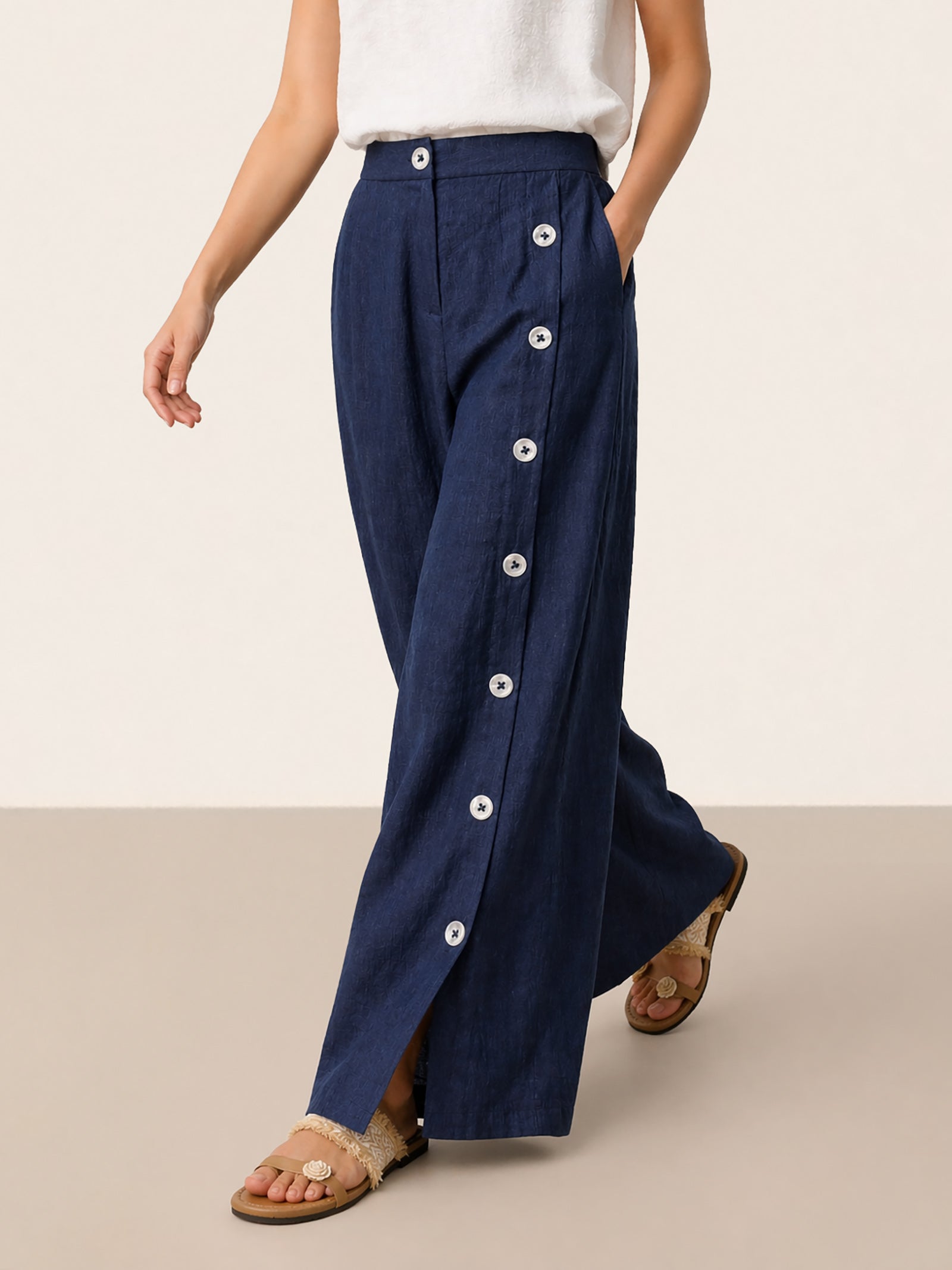 100% Linen Buttoned Slit-Hem Pants KATYA by LINTICO