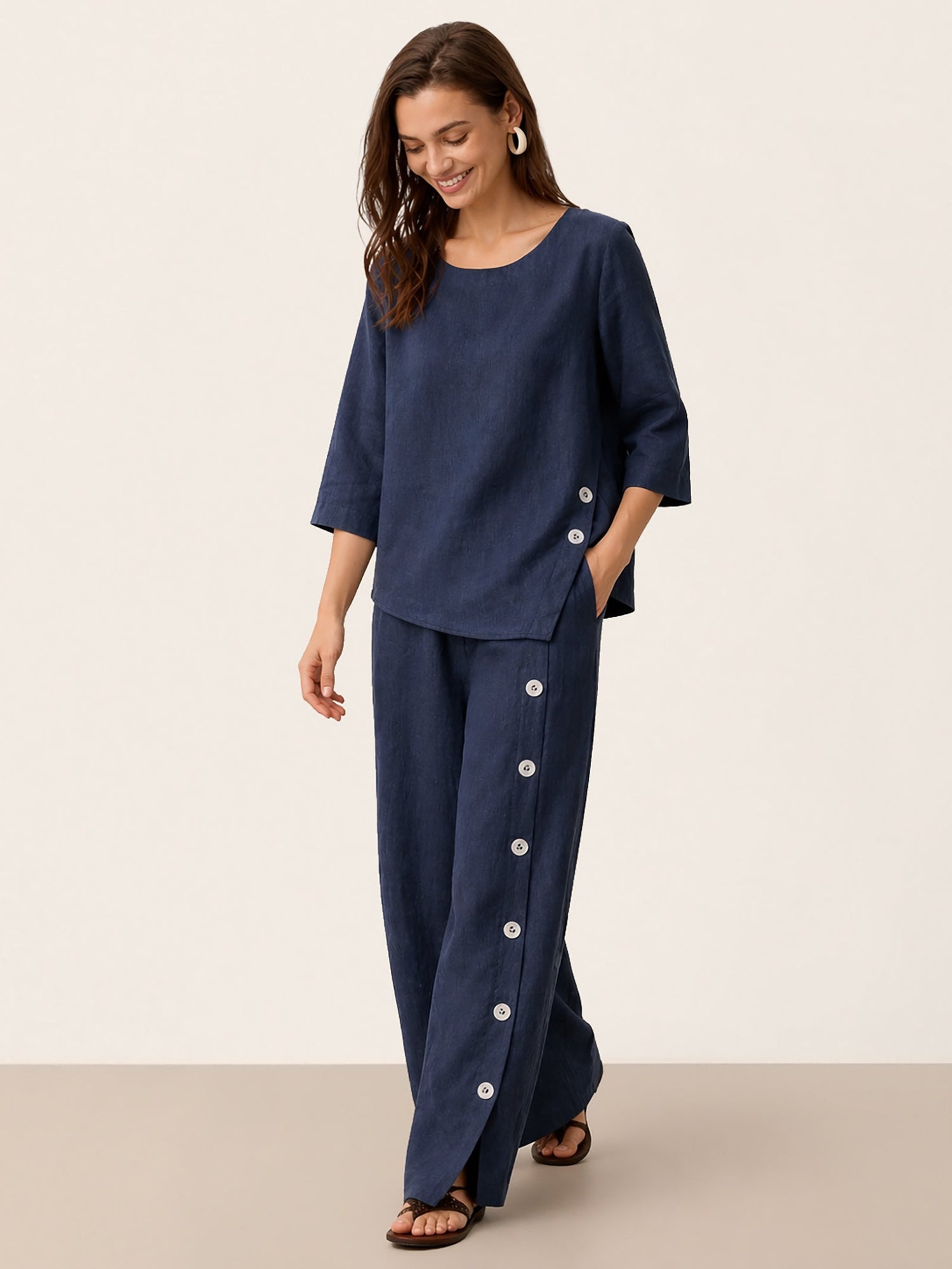 100% Linen Buttoned Slit-Hem Pants KATYA by LINTICO