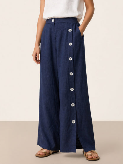 100% Linen Buttoned Slit-Hem Pants KATYA by LINTICO