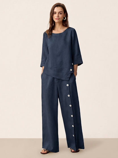 100% Linen Buttoned Slit-Hem Pants KATYA by LINTICO