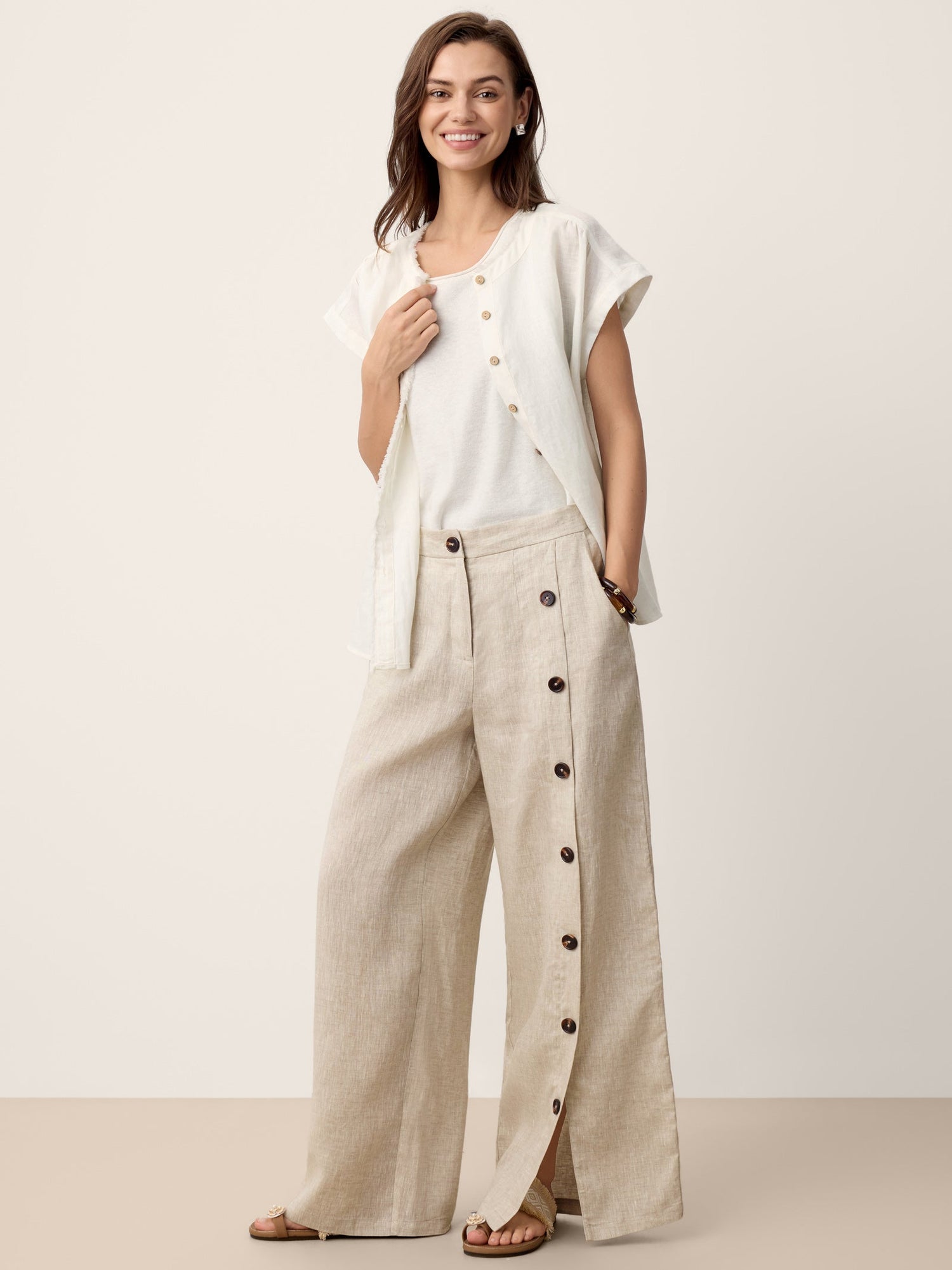 100% Linen Buttoned Slit-Hem Pants KATYA by LINTICO