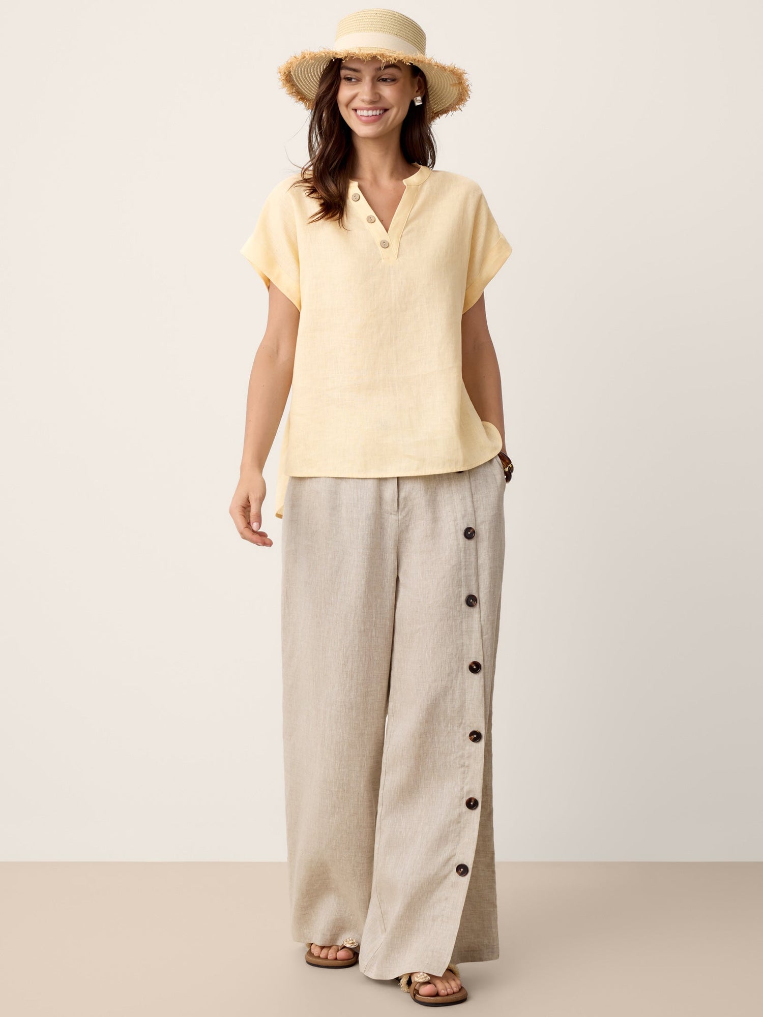 100% Linen Buttoned Slit-Hem Pants KATYA by LINTICO