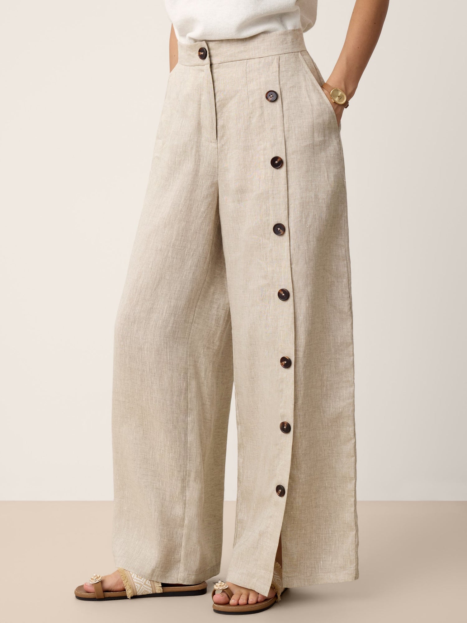 100% Linen Buttoned Slit-Hem Pants KATYA by LINTICO