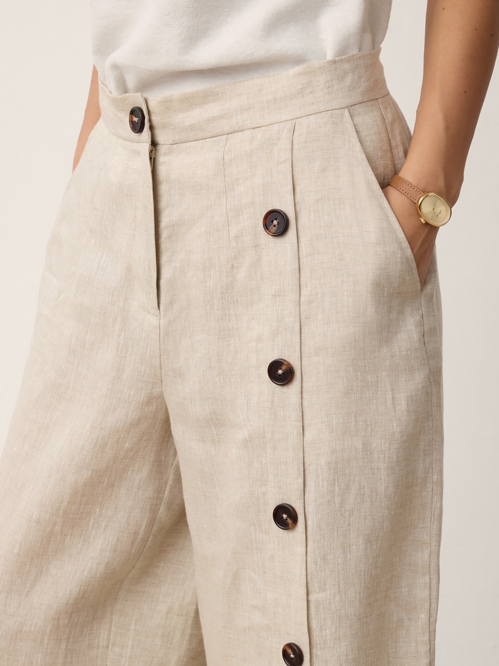 100% Linen Buttoned Slit-Hem Pants KATYA by LINTICO