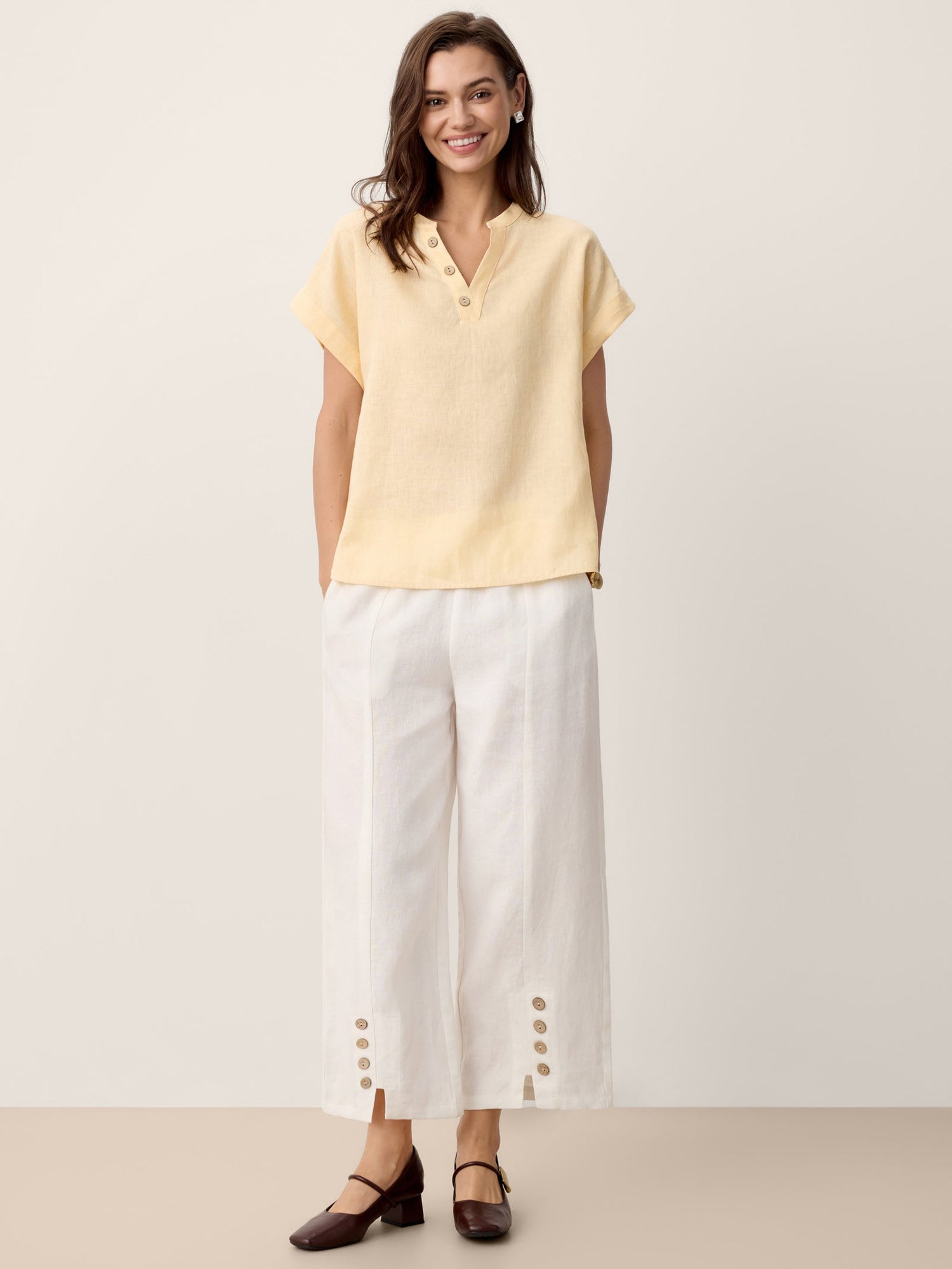 100% Linen Buttoned Split-Hem Pants ALINA by LINTICO