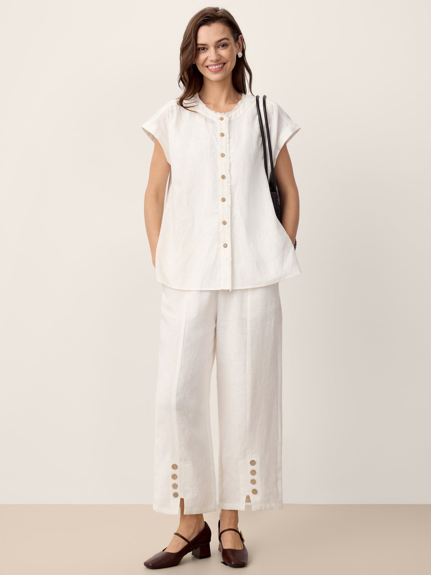 100% Linen Buttoned Split-Hem Pants ALINA by LINTICO