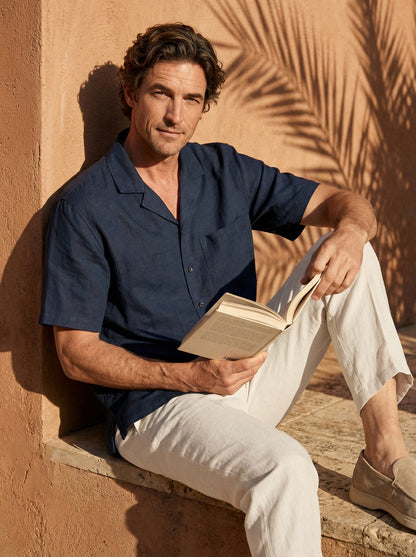 100% Linen Camp-Collar Elbow-Sleeve Shirt HENRY by LINTICO