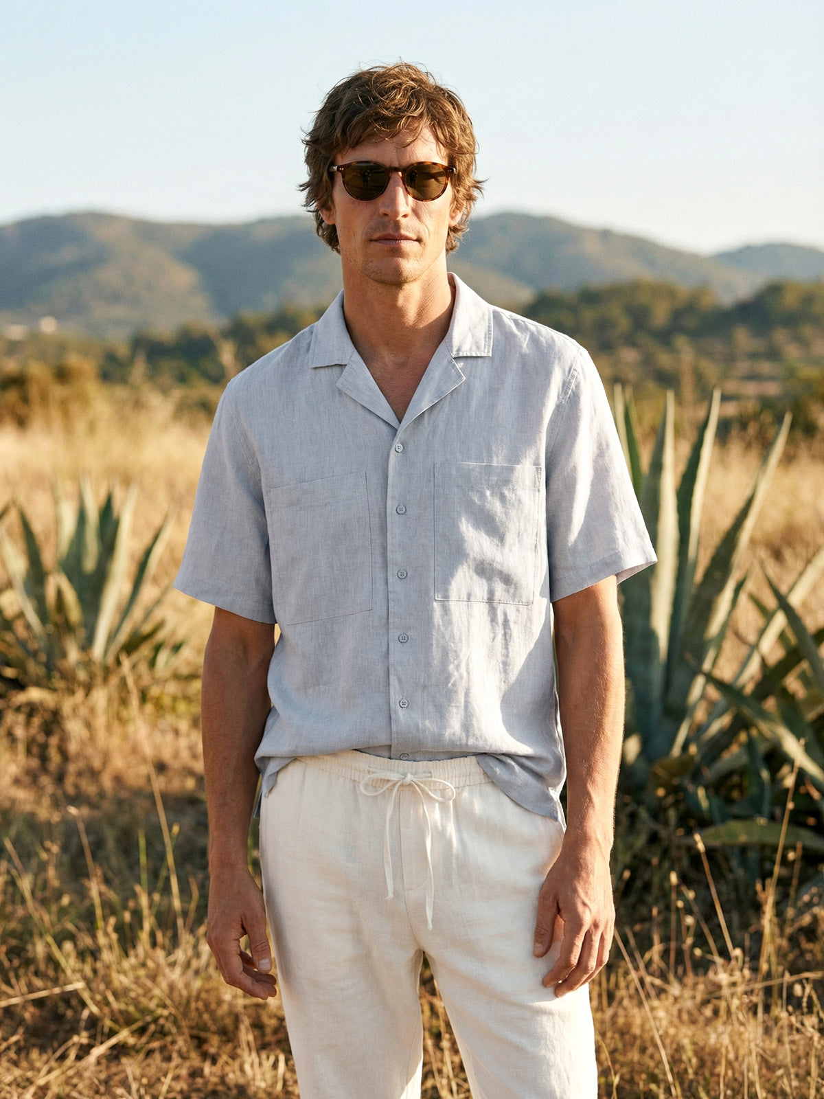 100% Linen Camp-Collar Elbow-Sleeve Shirt HENRY by LINTICO