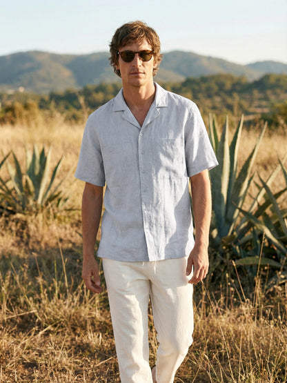 100% Linen Camp-Collar Elbow-Sleeve Shirt HENRY by LINTICO
