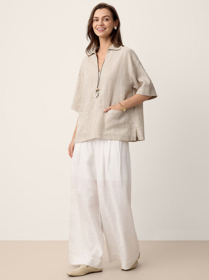 100% Linen Camp-Collar Patch-Pocket Top BRENNA by LINTICO
