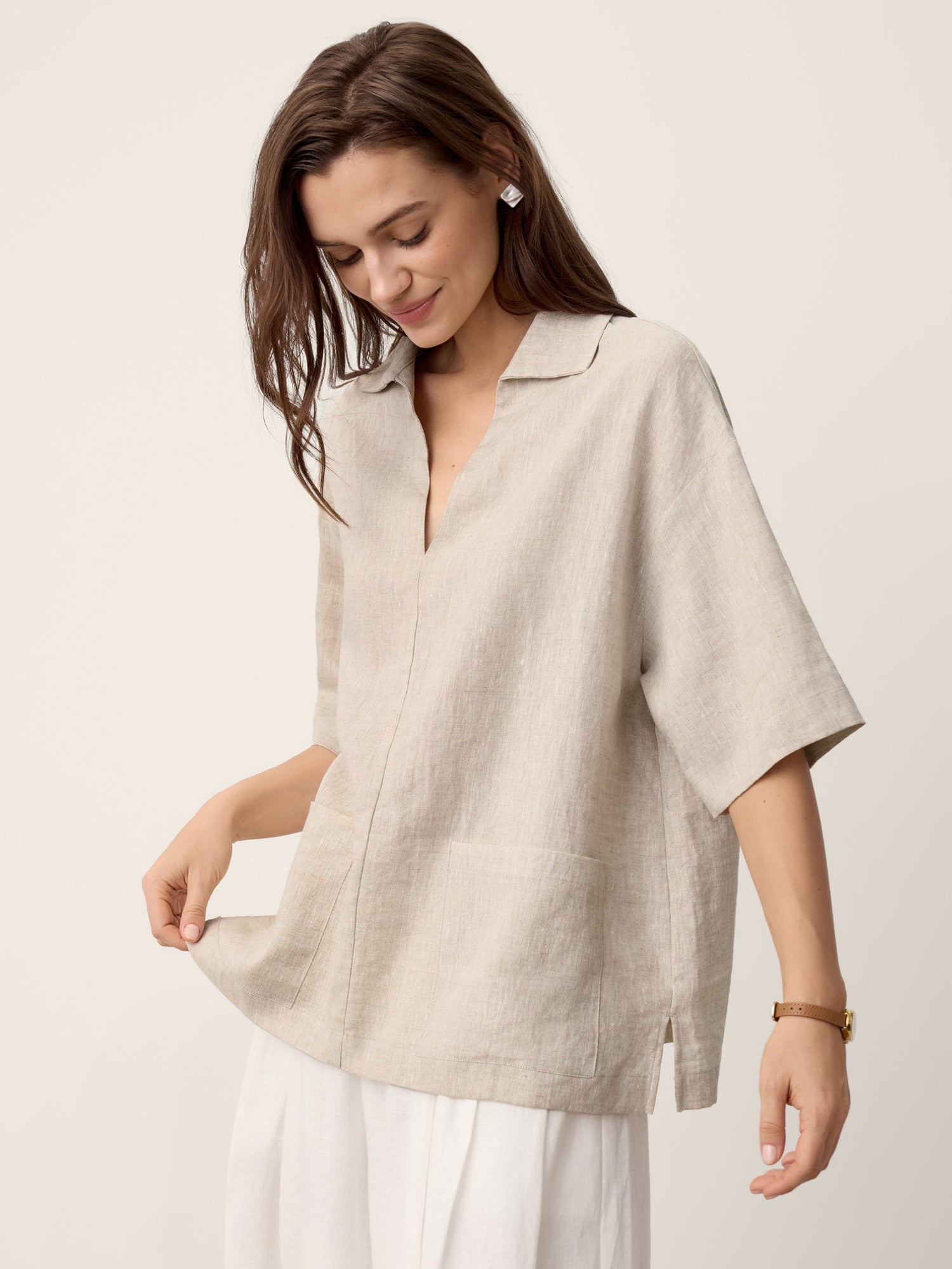 100% Linen Camp-Collar Patch-Pocket Top BRENNA by LINTICO