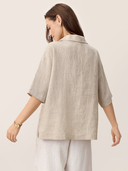 100% Linen Camp-Collar Patch-Pocket Top BRENNA by LINTICO