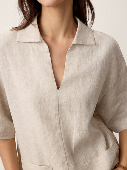 100% Linen Camp-Collar Patch-Pocket Top BRENNA by LINTICO