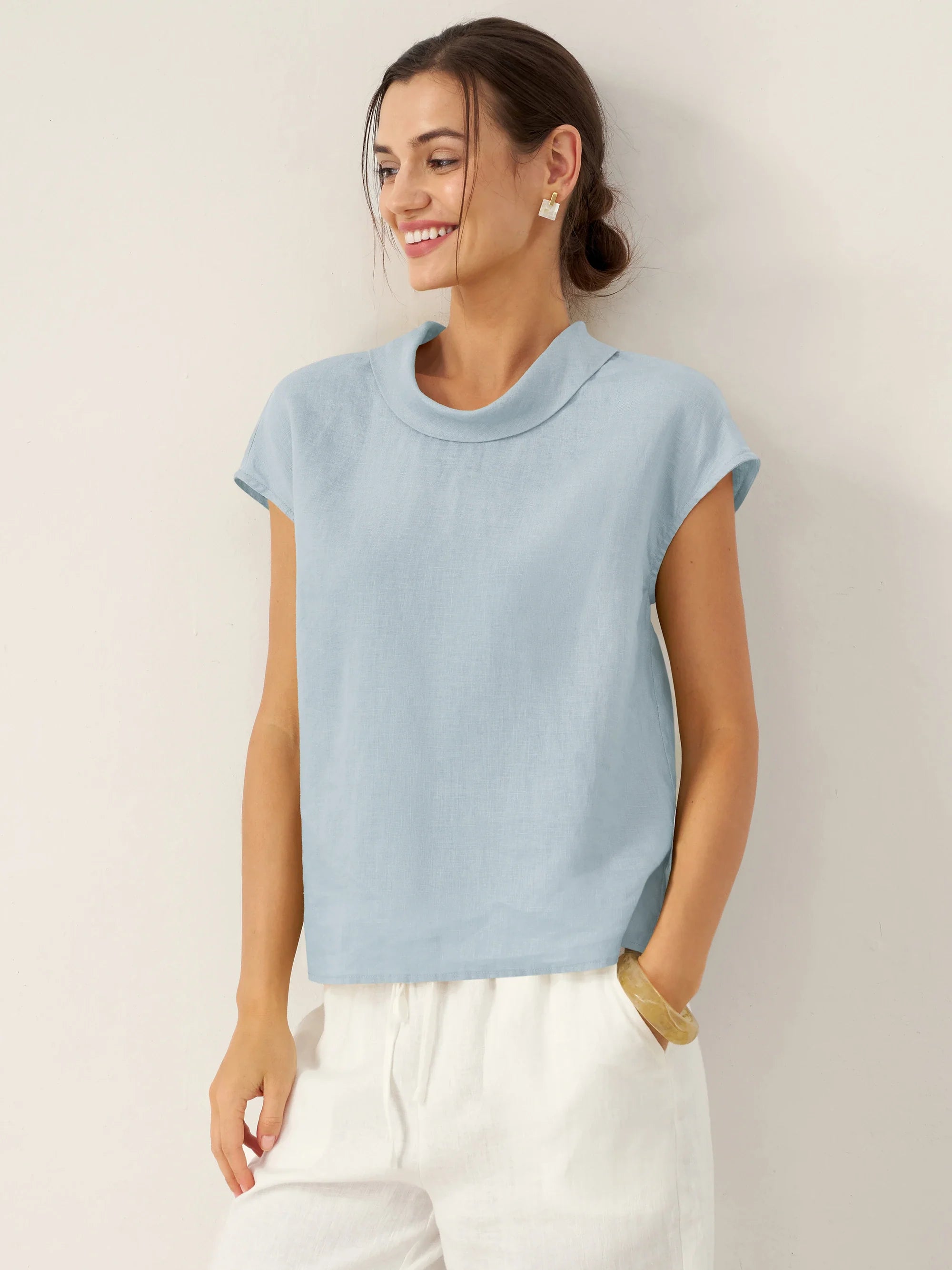 100% Linen Cap Sleeve Soft-Fold Collar Top YVONNE by LINTICO
