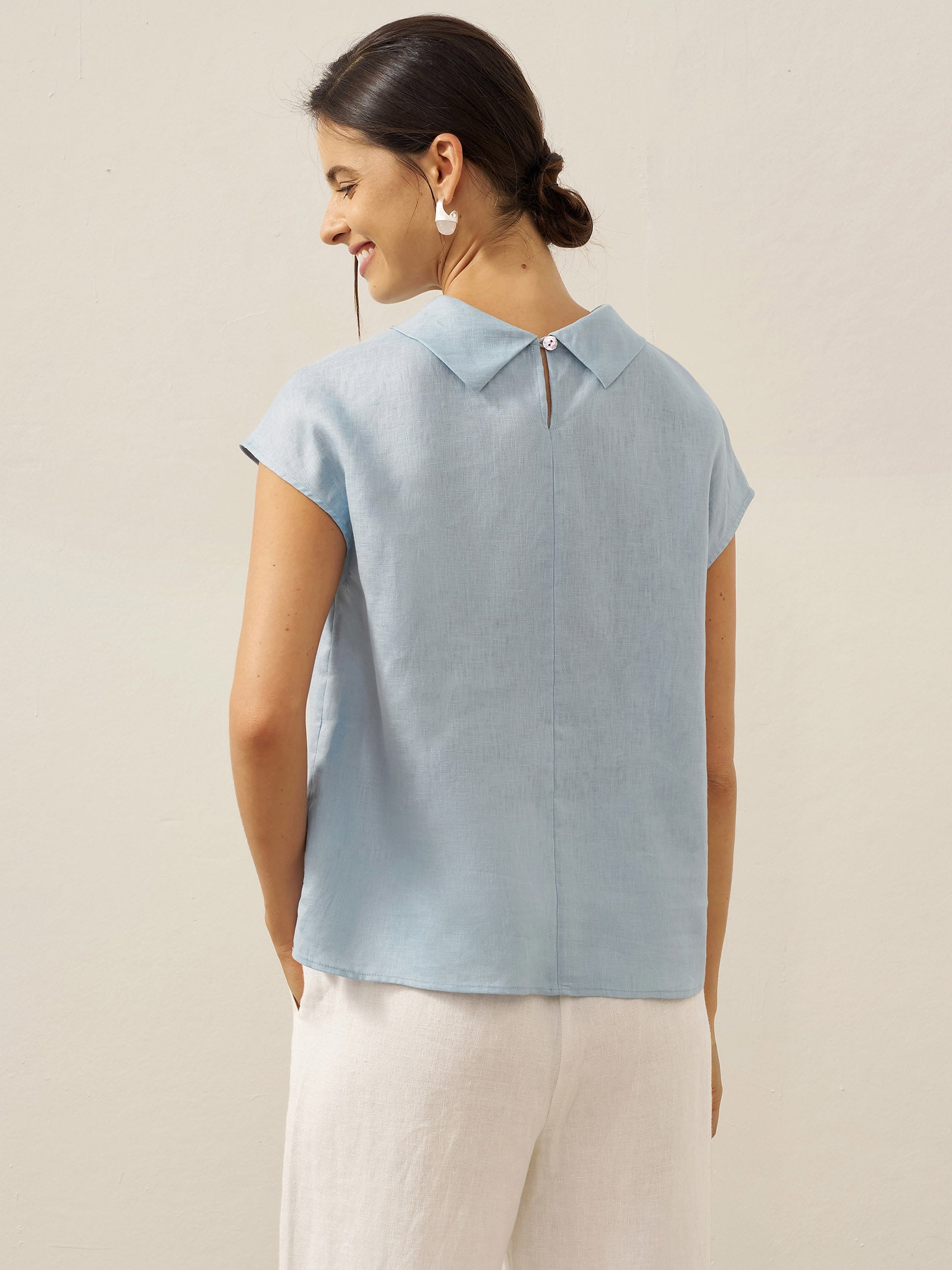 100% Linen Cap Sleeve Soft-Fold Collar Top YVONNE by LINTICO