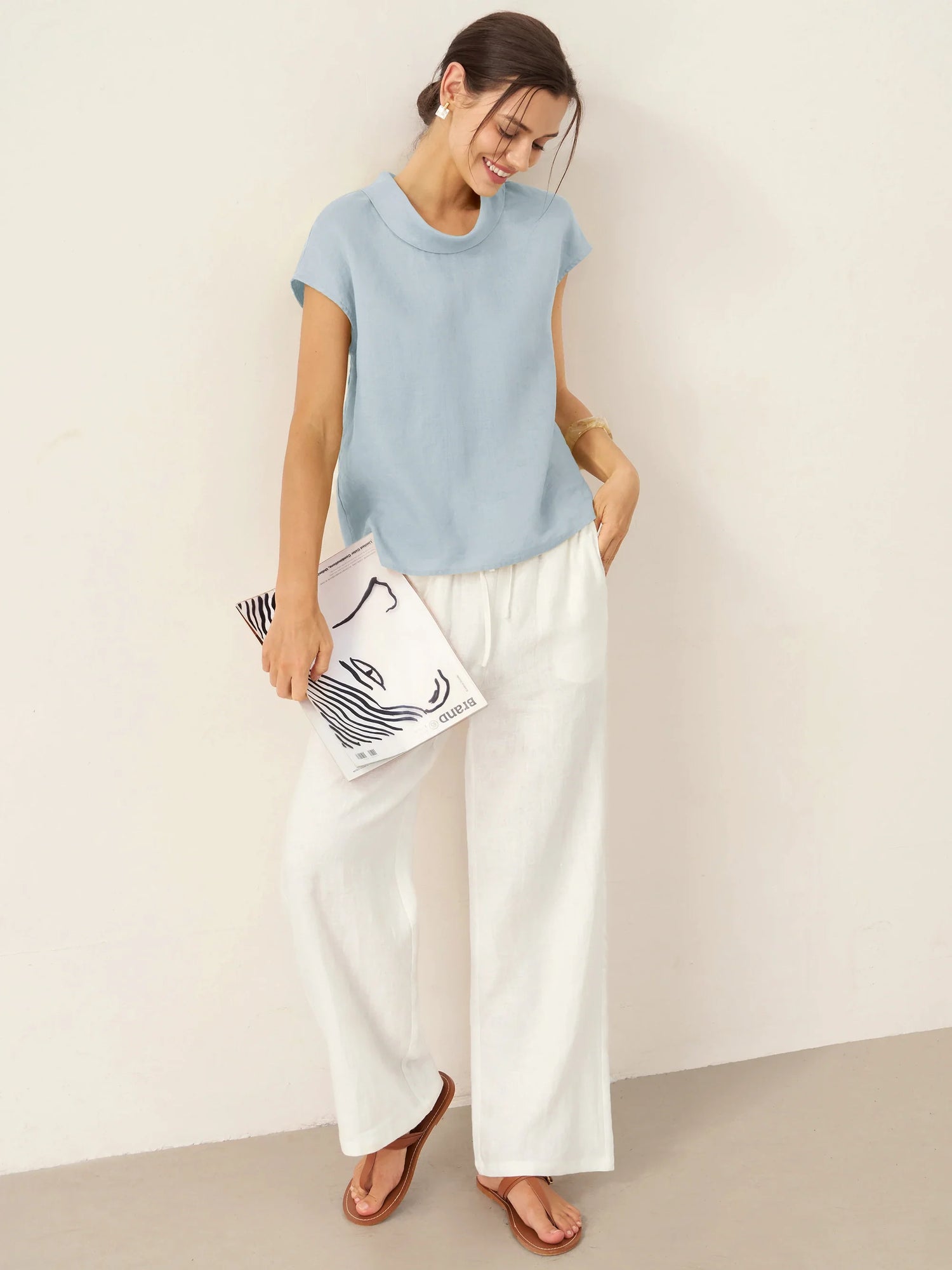 100% Linen Cap Sleeve Soft-Fold Collar Top YVONNE by LINTICO